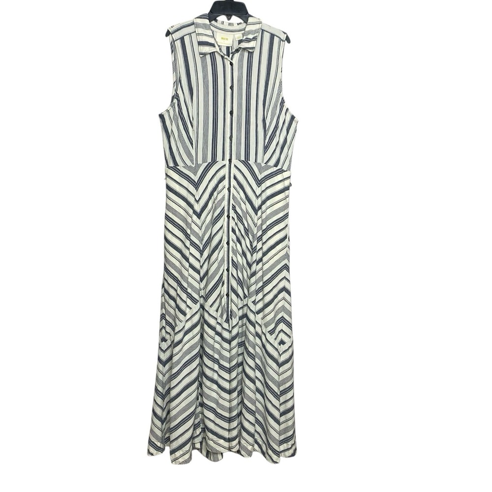 Anthropologie Maeve L Coastal Stripe Maxi Shirt Dress Linen Blend (Missing Belt)